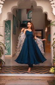 Blue Satin Dress with Floral Dupatta