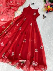 Fabric Georgette Dress, Red and Blue Gown