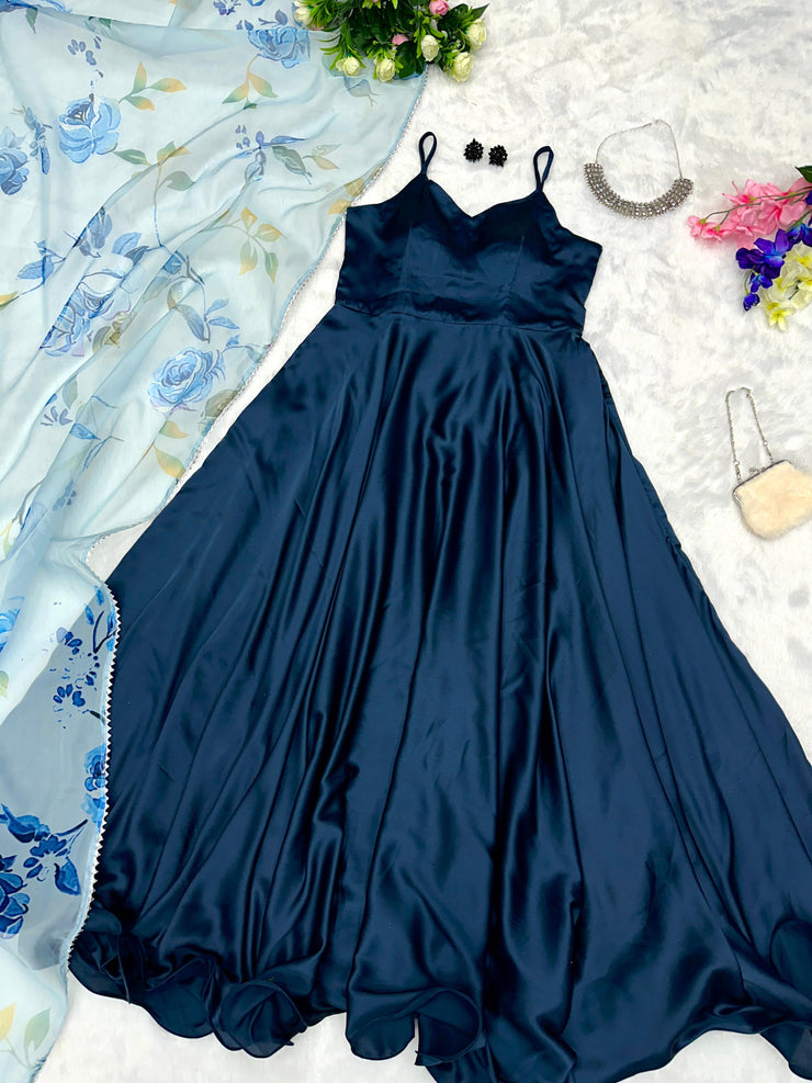 Blue Satin Dress with Floral Dupatta
