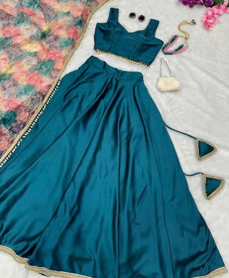 Teal Lehenga & Teal blouse with Floral Dupatta