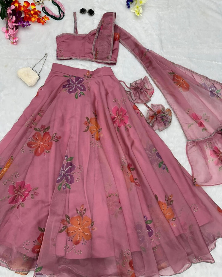 Dusky pink flared dupatta sleeve lehenga set