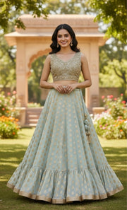 Pastel Mint Ruffle Hem Lehenga Choli With Regal Gold Blouse