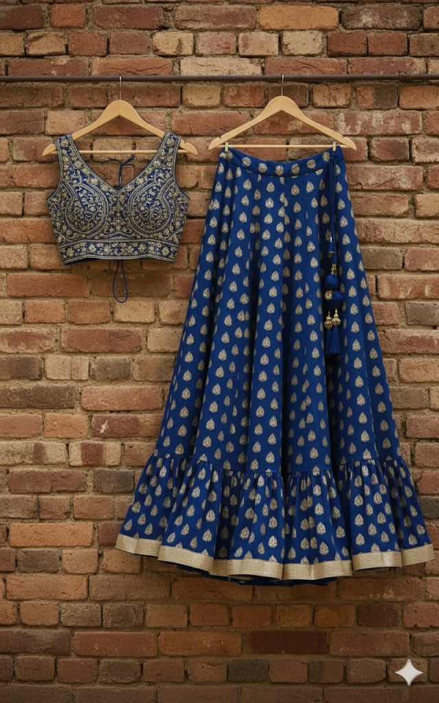 Blue Ruffle Hem Lehenga Choli With Regal Gold Blouse