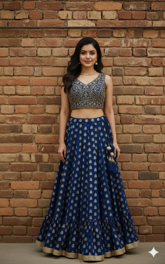 Blue Ruffle Hem Lehenga Choli With Regal Gold Blouse