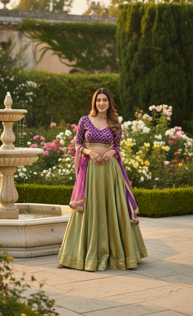 Purple Brocade Blouse With Green