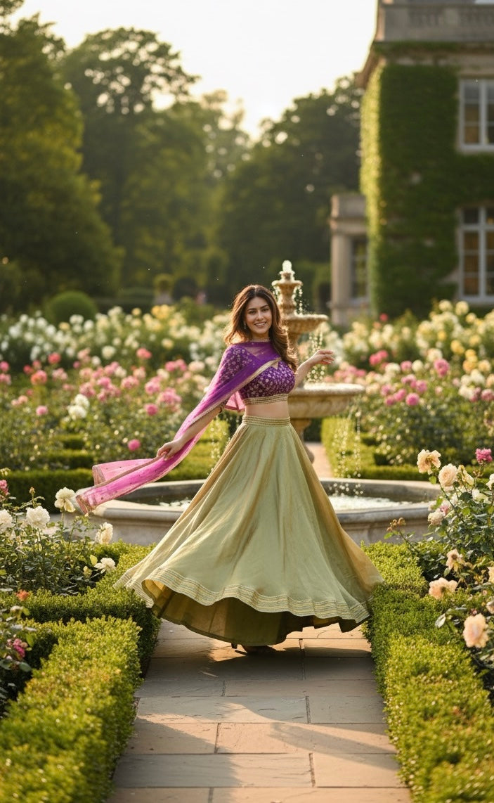 Purple Brocade Blouse With Green