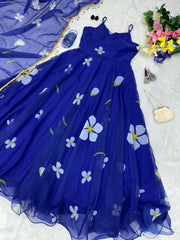 Fabric Georgette Dress, Red and Blue Gown