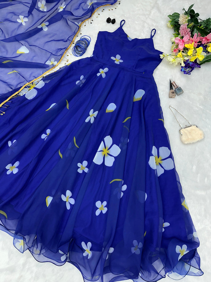 Fabric Georgette Dress, Red and Blue Gown