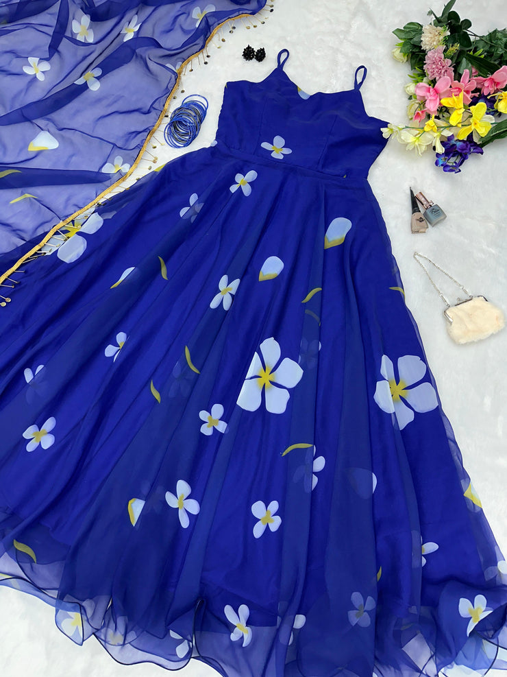 Fabric Georgette Dress, Red and Blue Gown